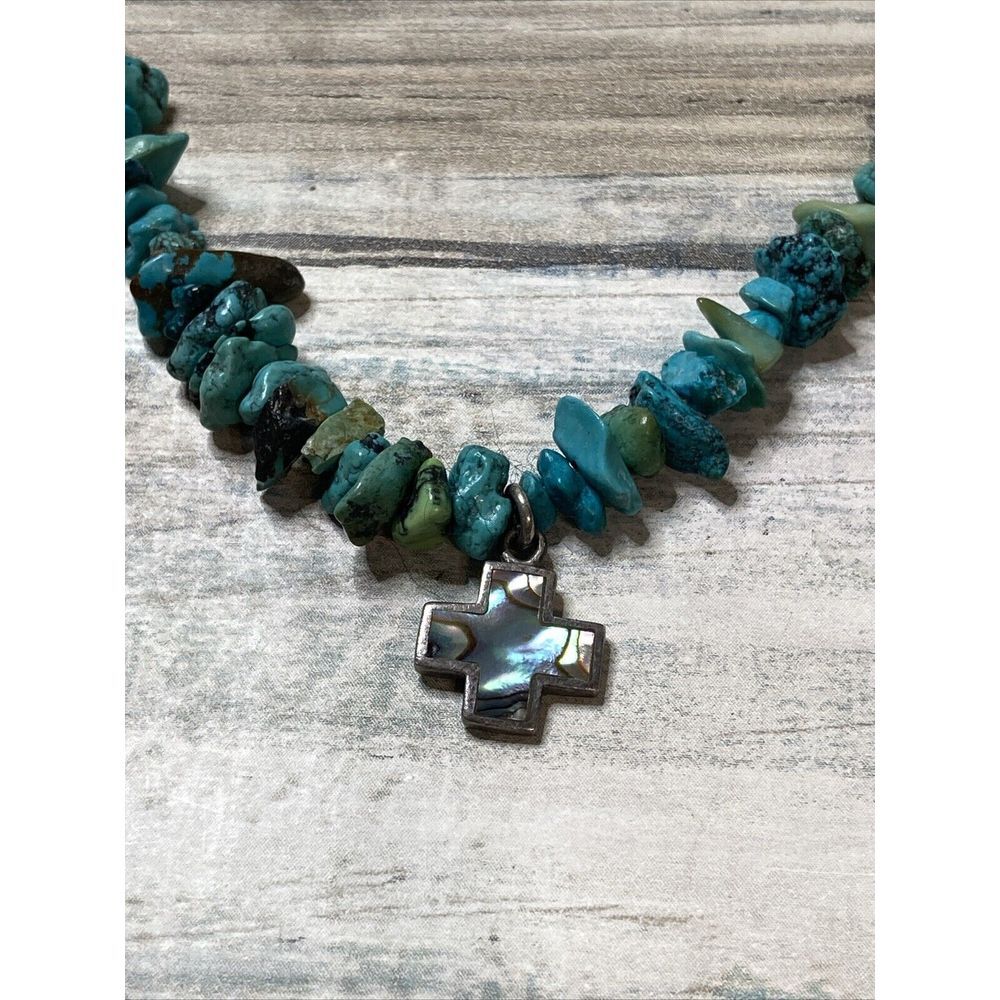 Artisan Sterling Abalone Cross Turquoise Chips Necklace Southwestern style 925